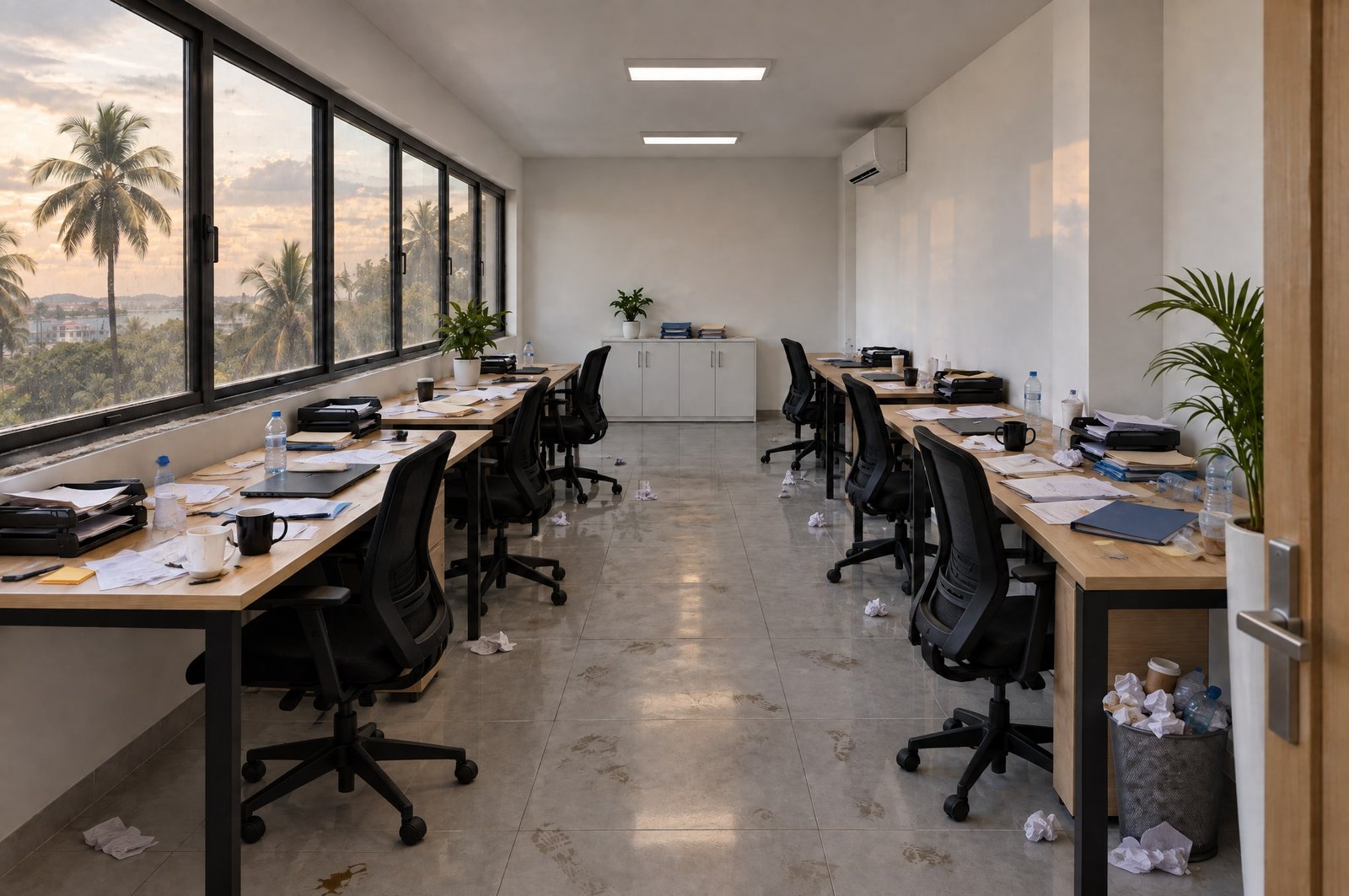 Before : An open-plan office at the end of the day: scattered papers, mugs, chairs out of place and marks on the tiled floor.