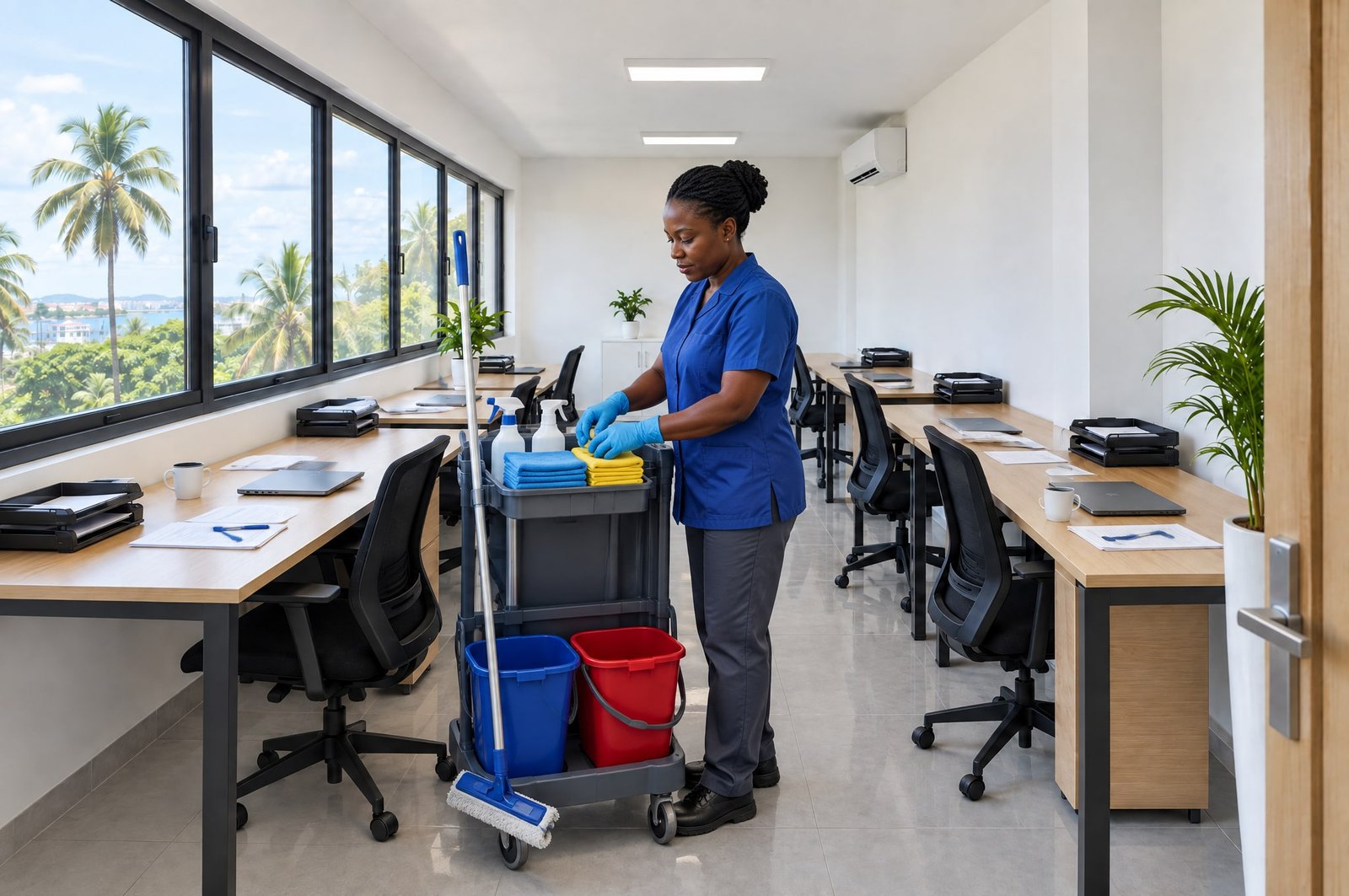 A cleaner in a royal blue tunic and gloves prepares her cleaning trolley in the office.