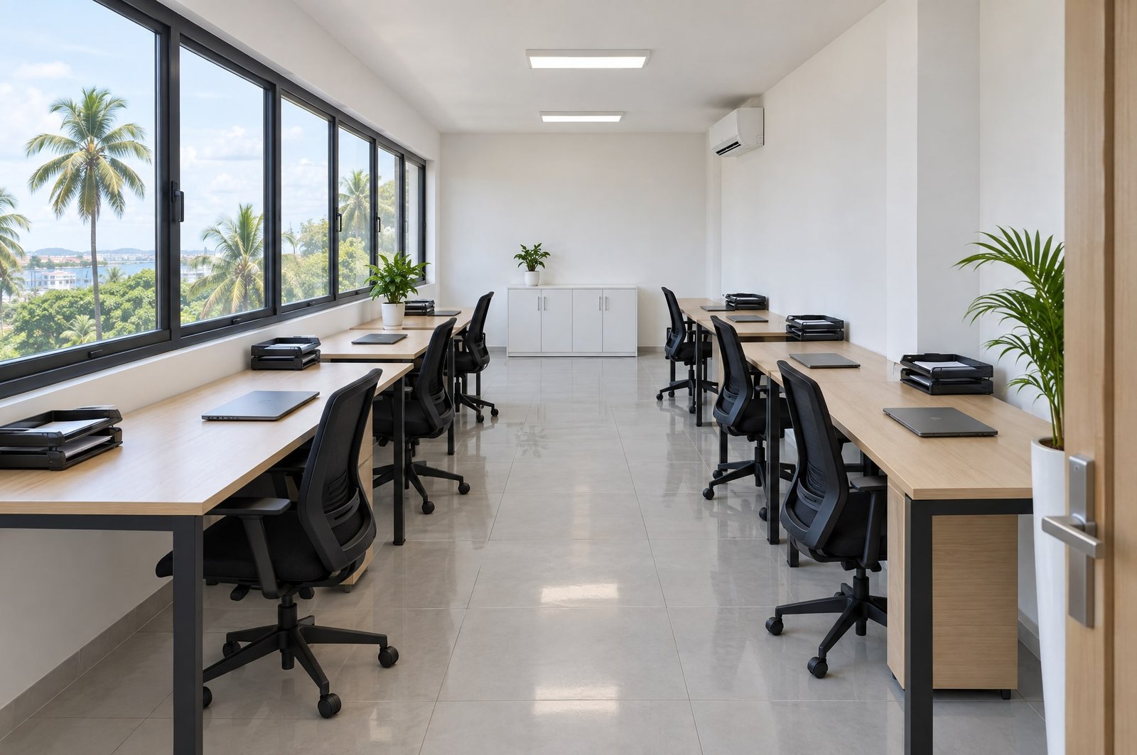 After : The same office, clean and tidy: clear desks, chairs lined up, shining floor.