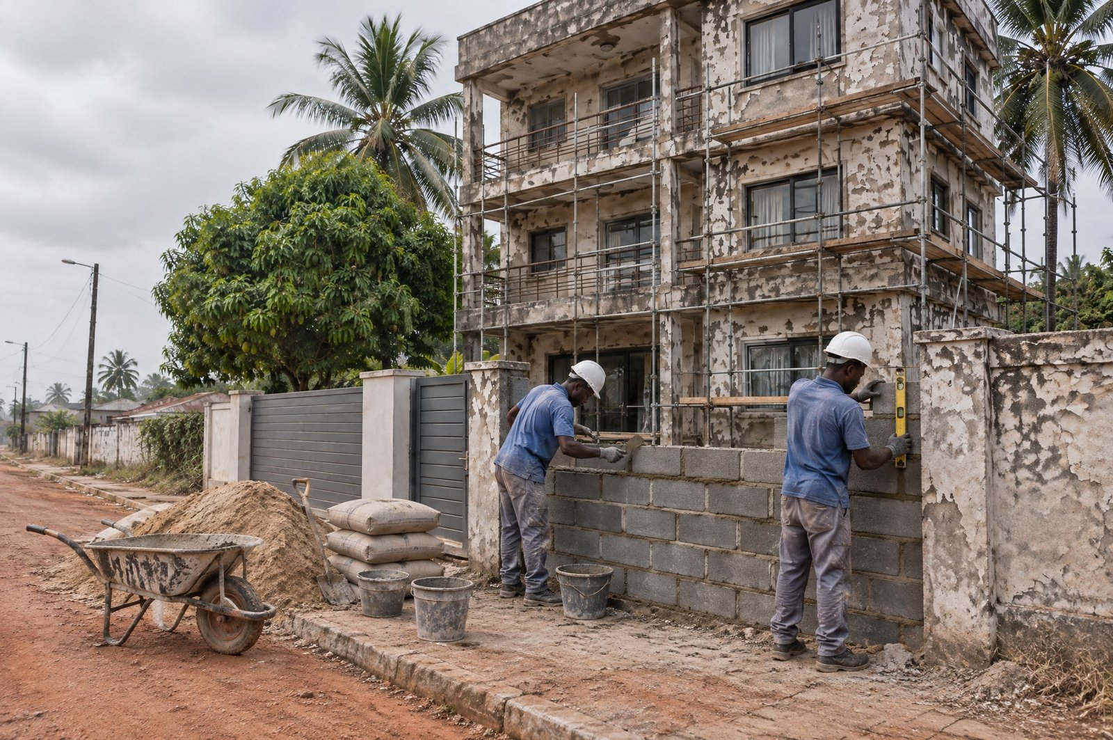Deux maçons casqués reconstruisent le mur de clôture en parpaings devant l'immeuble échafaudé.