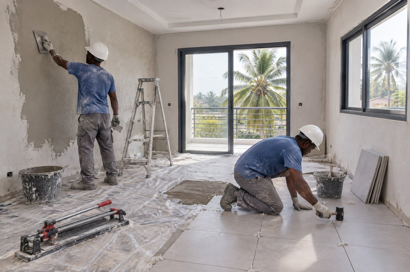 Interior renovation: one worker plasters a wall with a float while another lays light grey tiles, in front of a glazed door overlooking a coconut palm.