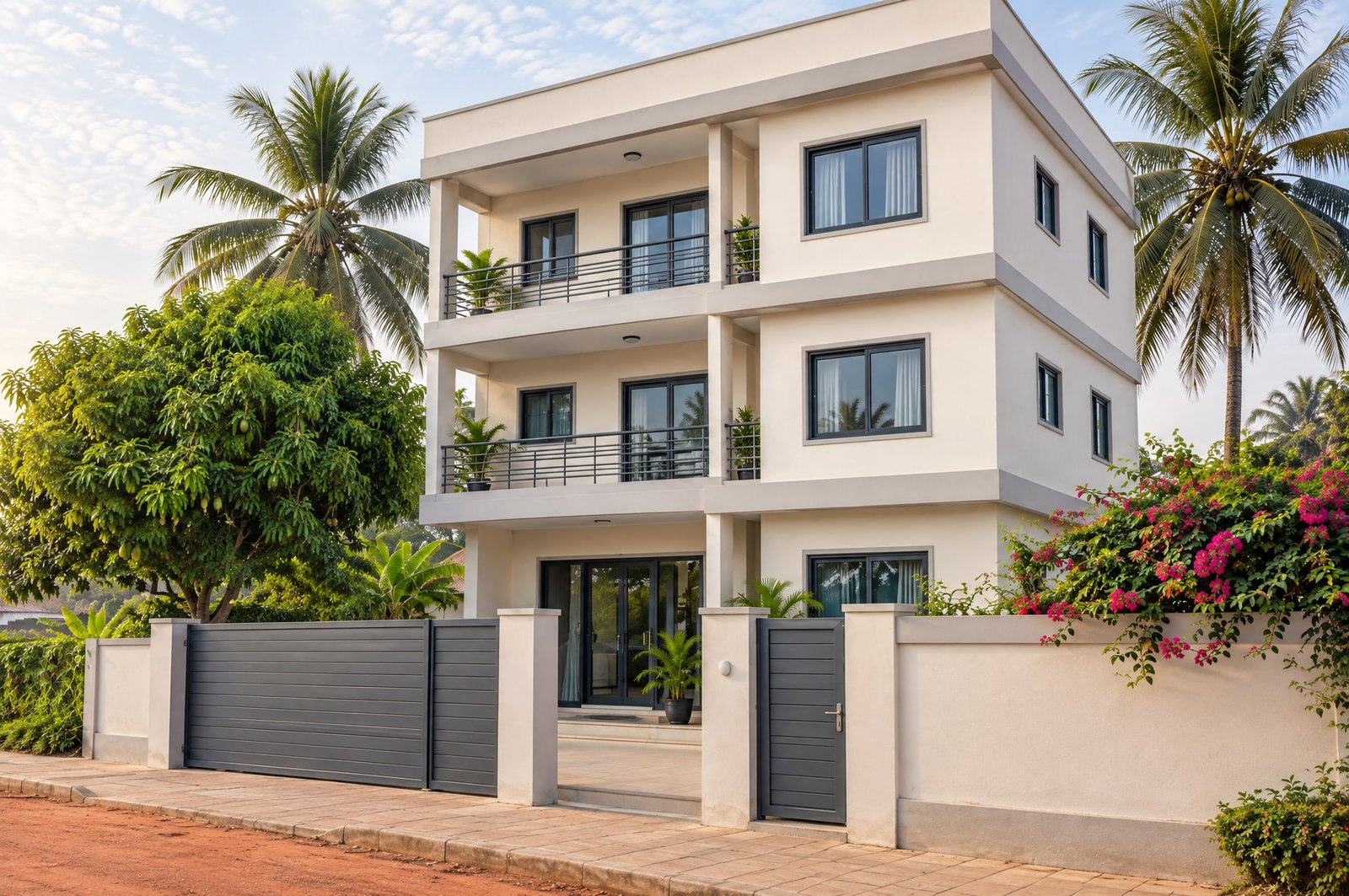 After : The finished building: off-white facade, balconies, grey sliding gate and flowering bougainvillea.