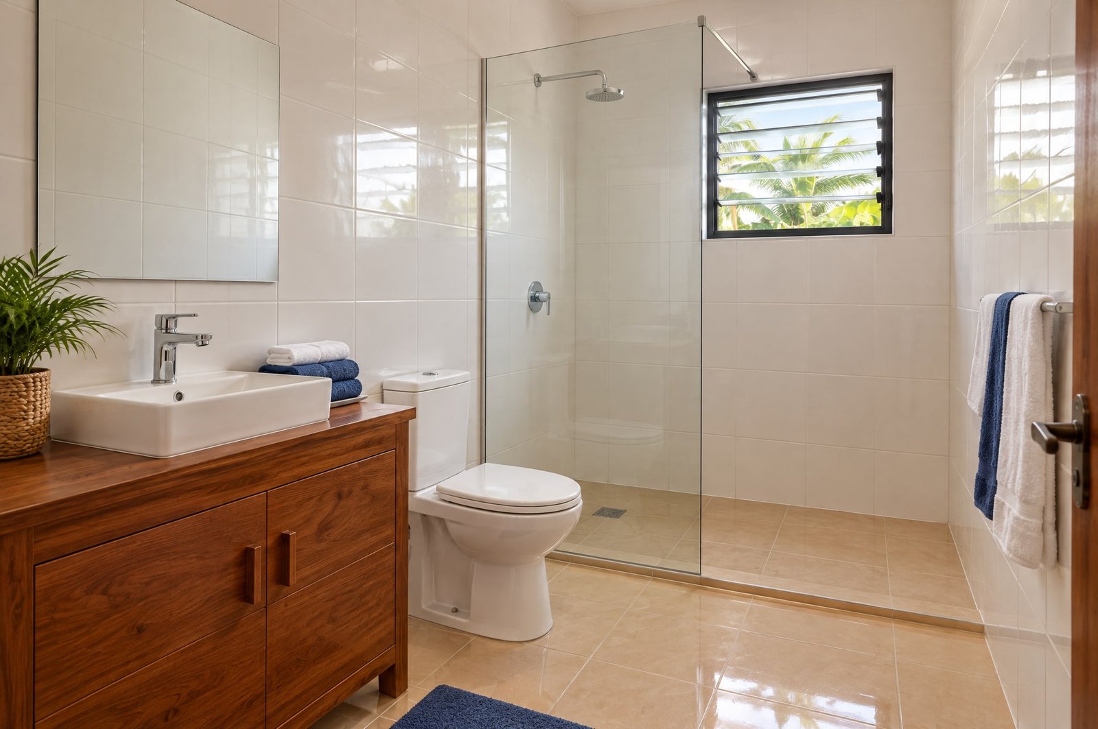 Une salle de bain carrelée et impeccable avec douche à l'italienne, meuble vasque en bois et serviettes pliées.