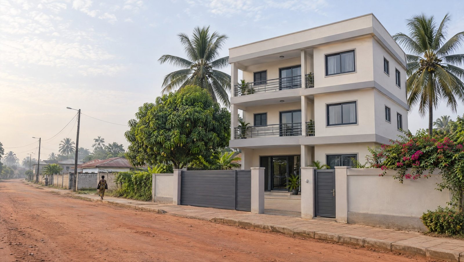 After : Two-storey residential building with off-white render behind a boundary wall and grey gate, on a laterite street lined with coconut palms and a mango tree in Pointe-Noire.