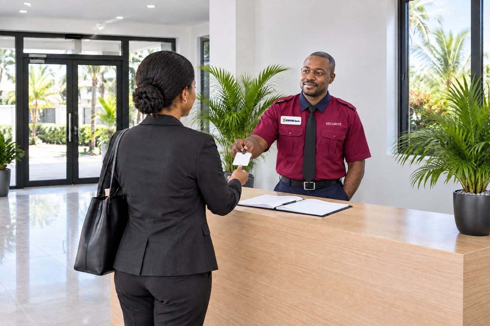 Access control: behind the reception desk, a guard in a burgundy shirt with the ESPOIR.SARLU badge and the word “SÉCURITÉ” hands a blank badge to a visitor.
